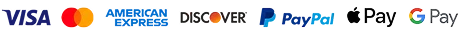Visa, Mastercard, American Express, Discover, PayPal, Apple Pay, Google Pay