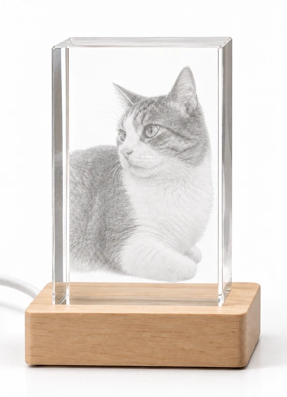 The Living Memory Crystal: a 3D laser-etched optical crystal on a timber LED base