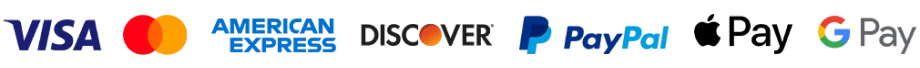 Visa, Mastercard, American Express, Discover, PayPal, Apple Pay, Google Pay